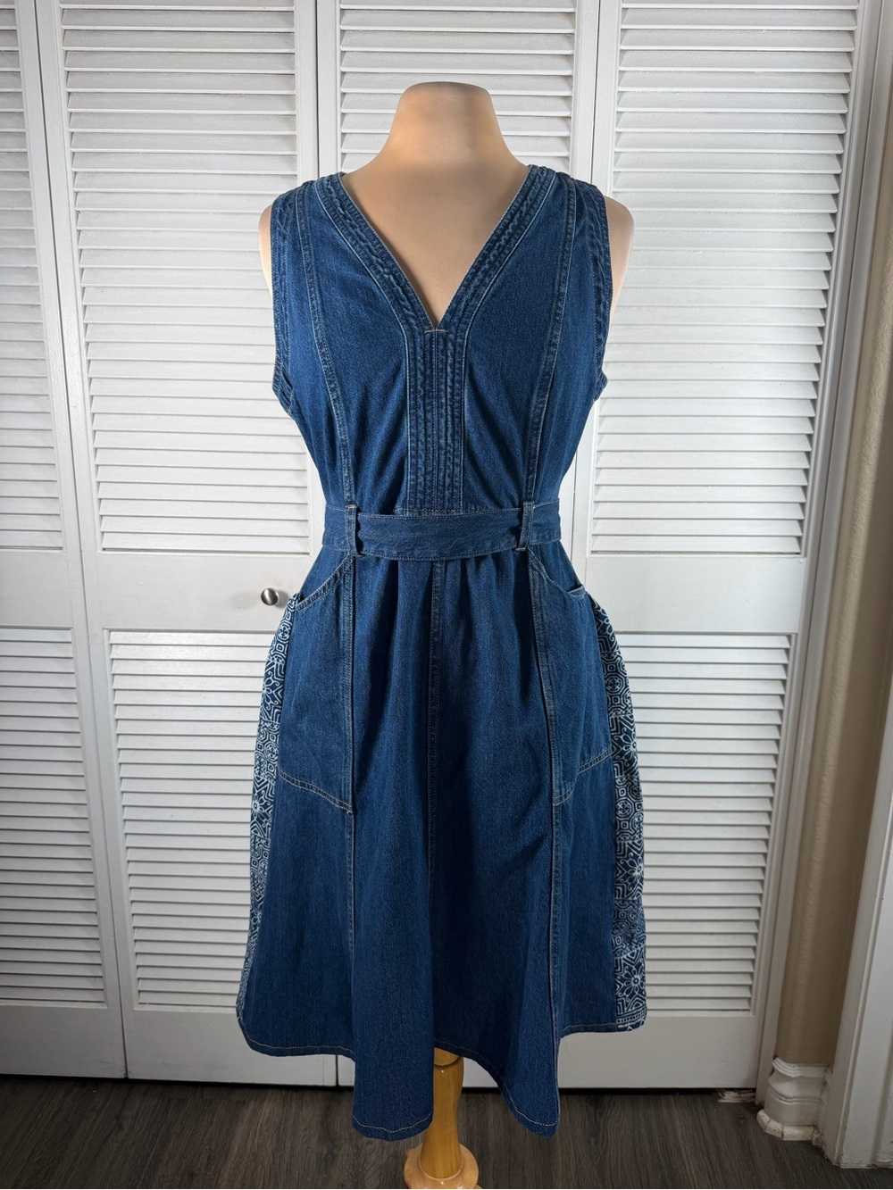Sundance Denim Patchwork Midi Dress‎ Boho Tie Waist Sleeveless P10